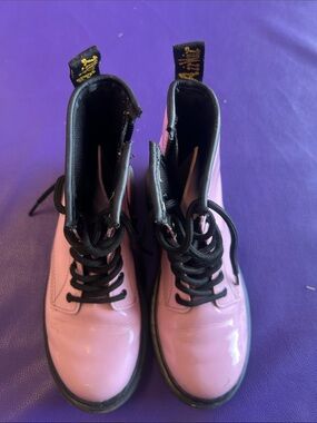 Dr. Martens Pink Patent Lace-Up Kids Boots with Black Trim